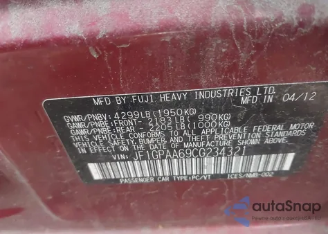 2012 Subaru Impreza 2.0I from USA, damaged, VIN JF1GPAA69CG234321